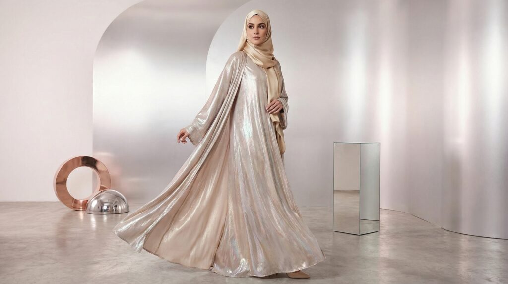 abayas métallisées Femme élégante en abaya métallisée champagne doré incarnant éclat et modernité