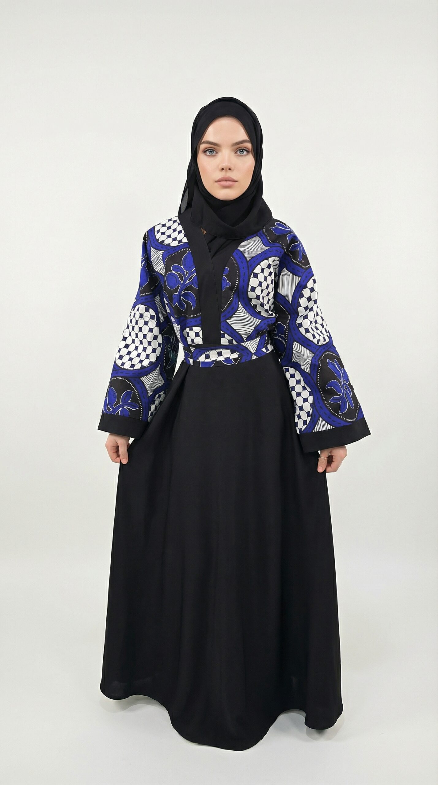 Abaya Wax Mosaïque Indigo Blanc - Géométrie Afro-Orientale