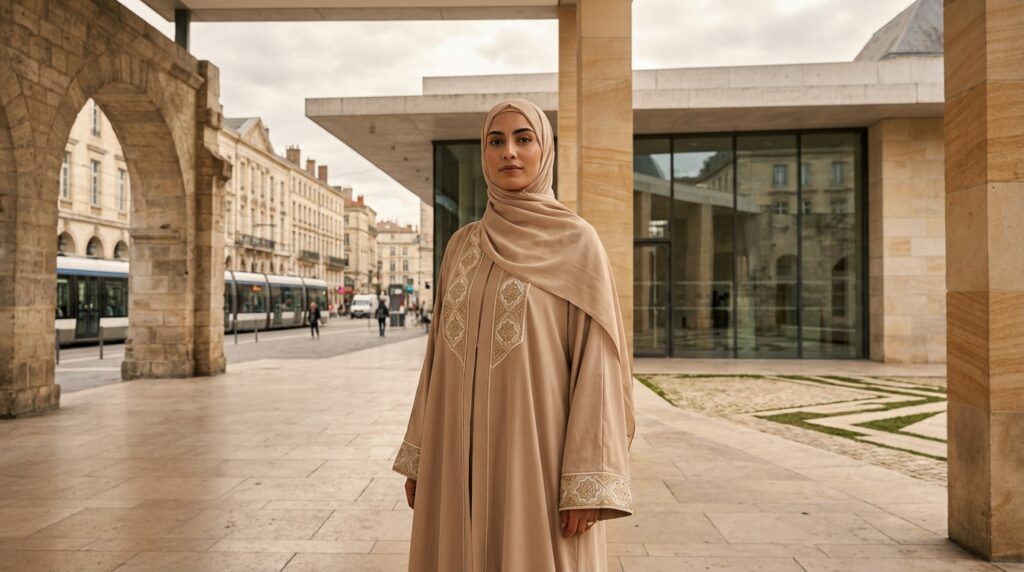 L'Abaya dans la Société en 2026 Femme en abaya moderne beige dans un cadre alliant architecture orientale et contemporaine européenne