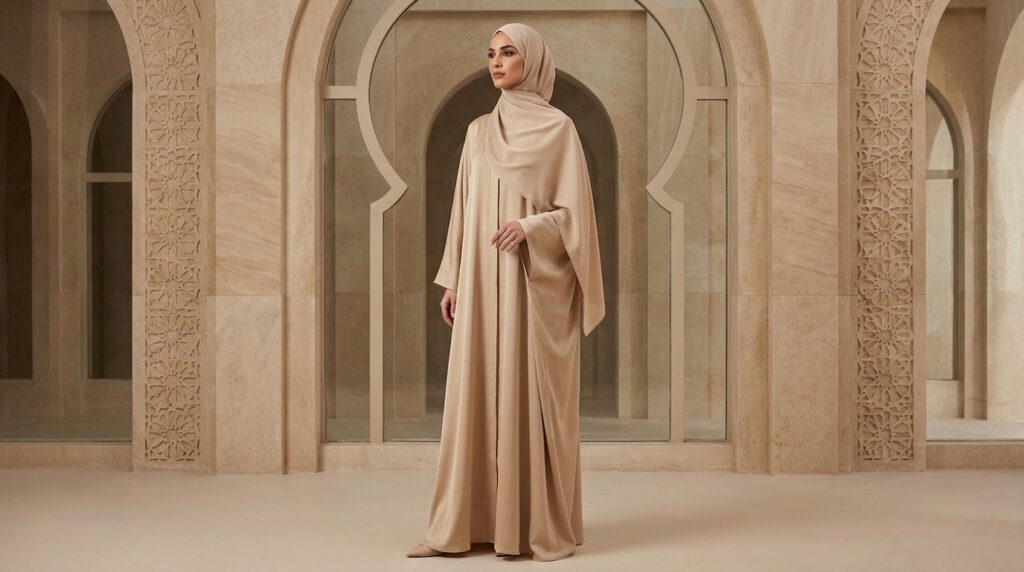 Femme élégante en abaya turque beige sable avec hijab complet dans un décor d'architecture orientale moderne