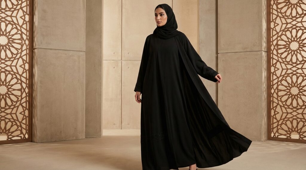 Abayas par Couleur et Motif Abayas par couleur et motif : Abaya classique noire intemporelle aux lignes épurées et broderies ton sur ton