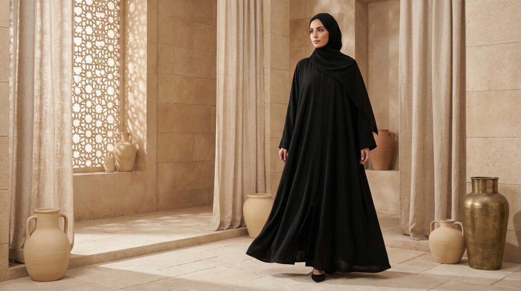 Femme élégante en abaya classique noire dans un décor d'architecture orientale moderne aux tons sable