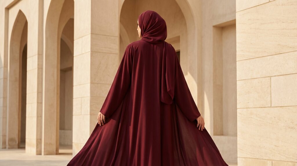 Femme élégante en abaya bordeaux profond devant architecture orientale moderne aux tons sable