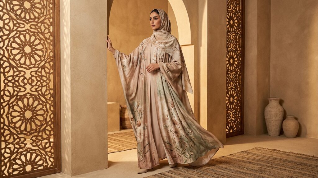 Abayas par couleur et motif : Femme élégante en abaya à motifs floraux délicats alliant modernité et pudeur