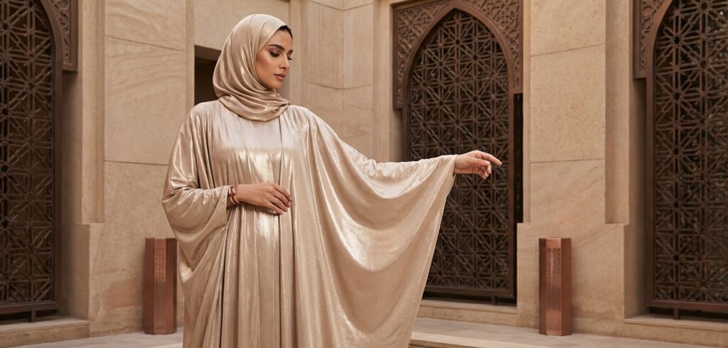 Abayas par Couleur et Motif Abayas par couleur et motif : Abaya métallisée champagne doré au reflet subtil pour une élégance scintillante