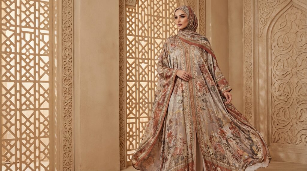 abayas motifs Femme élégante en abaya à motifs raffinés exprimant style et modernité 2026