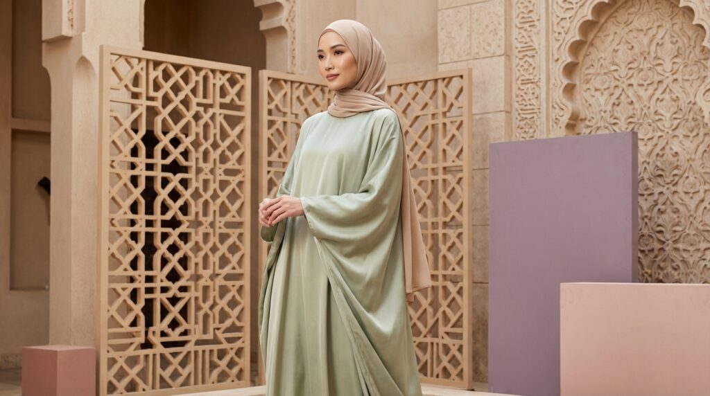 Femme élégante en abaya pastel vert sauge incarnant douceur et modernité 2026