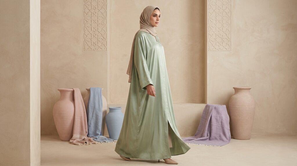 Abayas par Couleur et Motif Abayas par couleur et motif : Femme élégante en abaya pastel vert sauge au tombé fluide et raffiné