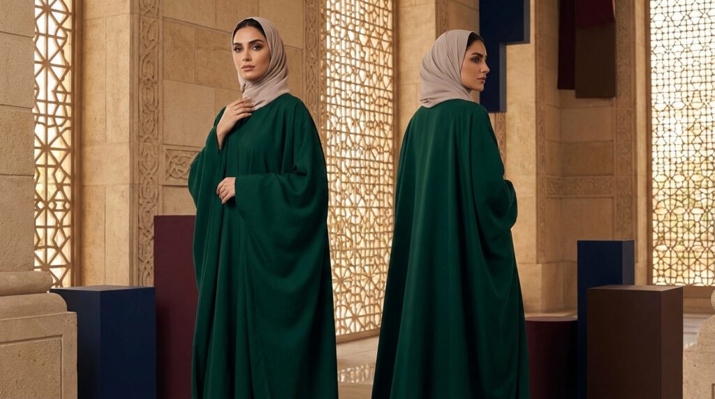 Abayas par Couleur et Motif Abayas par couleur et motif : Abaya teinte profonde vert émeraude luxueux incarnant l'élégance intemporelle