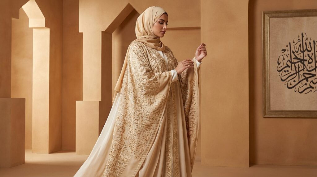 L'Abaya dans la Société en 2026 Abaya art islamique avec motifs géométriques raffinés et calligraphie arabe brodée or