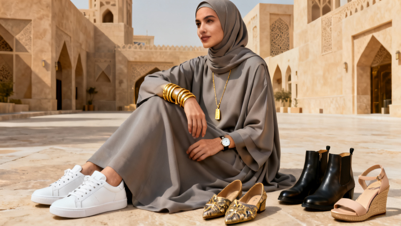 Accessoires abaya : sneakers blanches, bracelets dorés superposés et collier pendentif long