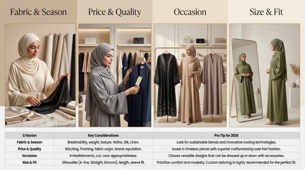 Femme en hijab choisissant une abaya dans une boutique élégante aux tons neutres raffinés