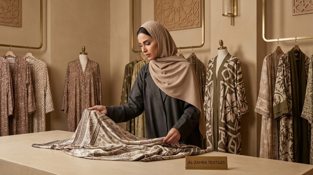 abayas motifs Femme choisissant le motif idéal pour son abaya selon taille couleur et emplacement