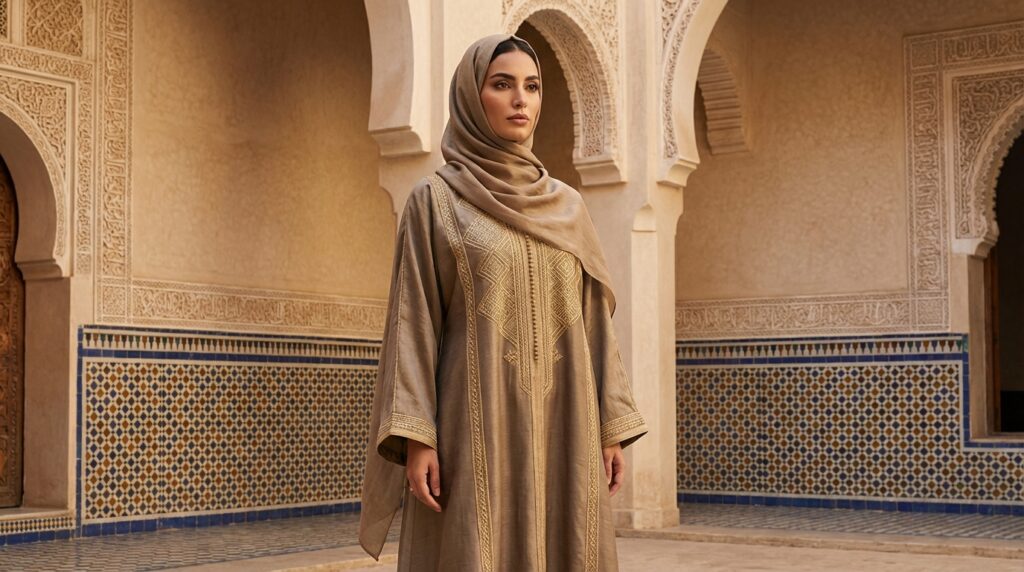Femme élégante en abaya maghrébine broderies artisanales héritage culturel moderne