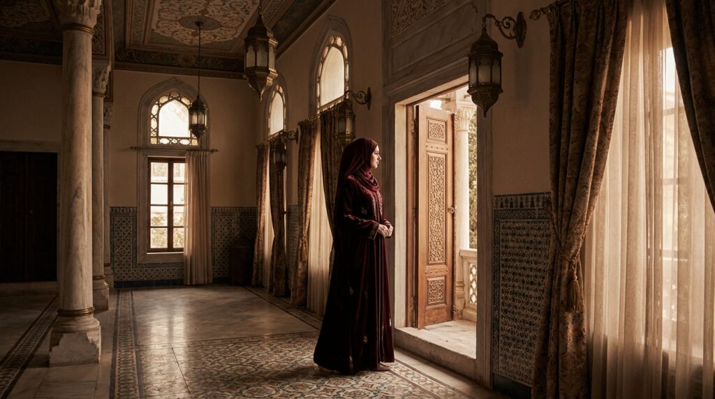 abaya turque Silhouette féminine en abaya d'inspiration ottomane dans un intérieur palatial aux arches orientales