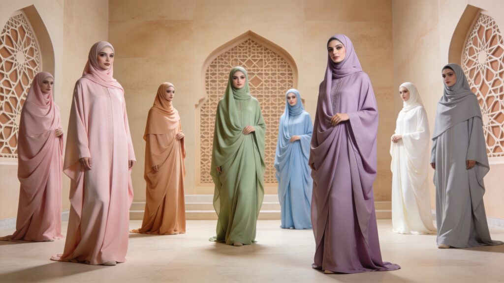 Collection abayas pastel 2026 tons doux inspirés nature rose nude vert sauge lilas