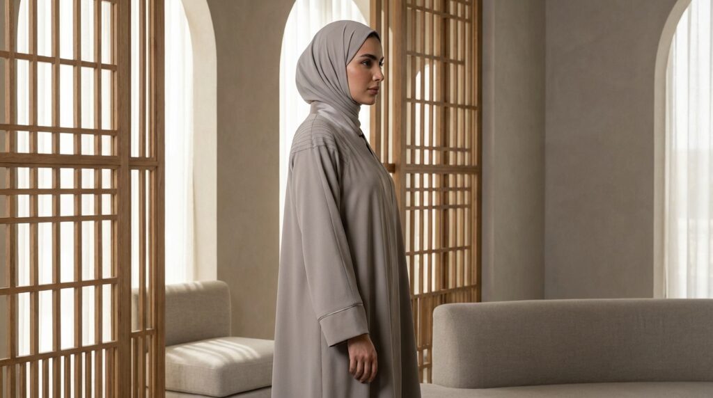 abaya turque Abaya turque gris pierre montrant les finitions soignées et le tombé parfait du tissu crêpe
