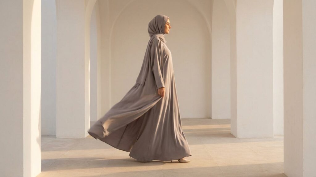 abayas marocaines Abayas Marocaines : Femme en hijab portant une abaya marocaine grise fluide et ample, silhouette élégante en mouvement