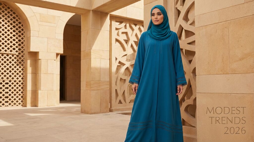 abaya turque Abaya turque tendance 2026 bleu canard avec broderies minimalistes épurées