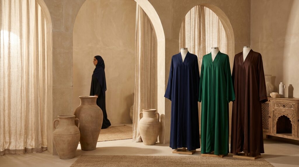 Collection abayas couleurs profondes bleu nuit émeraude chocolat en décor oriental raffiné